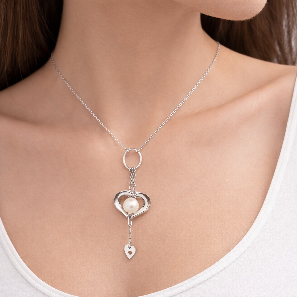 Collier en or blanc 18 carats avec pendentif cœurs entrelacés et perle blanche porté sur le décolleté.
