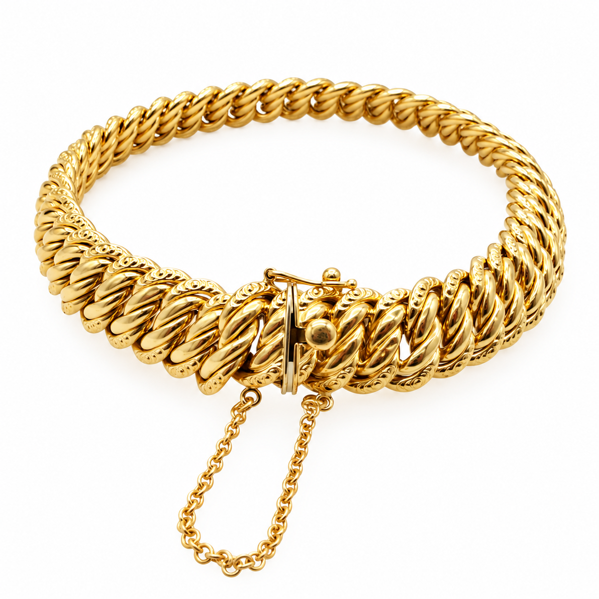 Bracelet en or jaune 18 carats à maille américaine, vue intérieure avec fermoir ouvert