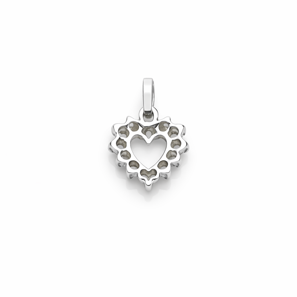 Vue arrière du pendentif cœur en or blanc 750 avec montures ajourées.