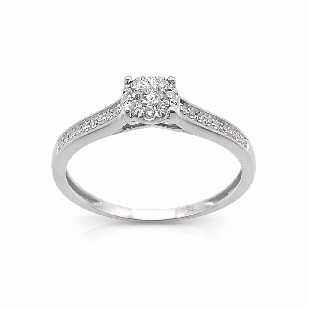 Bague solitaire fleur en or gris 18 carats sertie de diamants 0,31 ct, vue de face