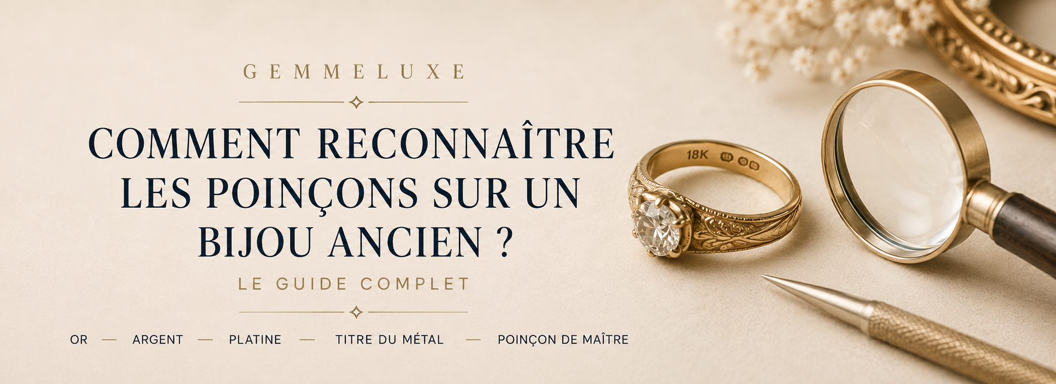 Observation à la loupe des poinçons gravés à l’intérieur d’une bague ancienne en métal précieux.