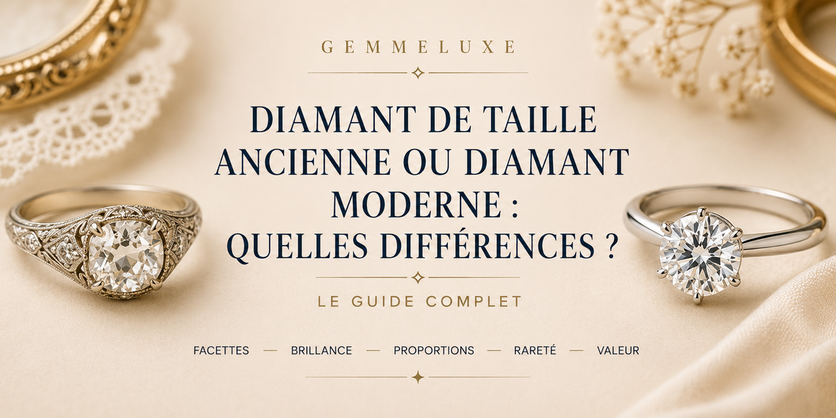 Comparaison entre un diamant de taille ancienne aux larges facettes et un diamant brillant moderne de forme régulière.