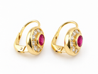 Paire de boucles d'oreilles dormeuses ovales en or jaune 18 carats, ornées de pierres roses et d'oxydes de zirconium blancs.