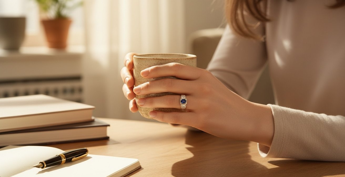 Femme portant une bague sertie d’un saphir bleu en tenant une tasse