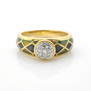 Bague Diamants & Émail Or Jaune 18 Carats Vintage Française