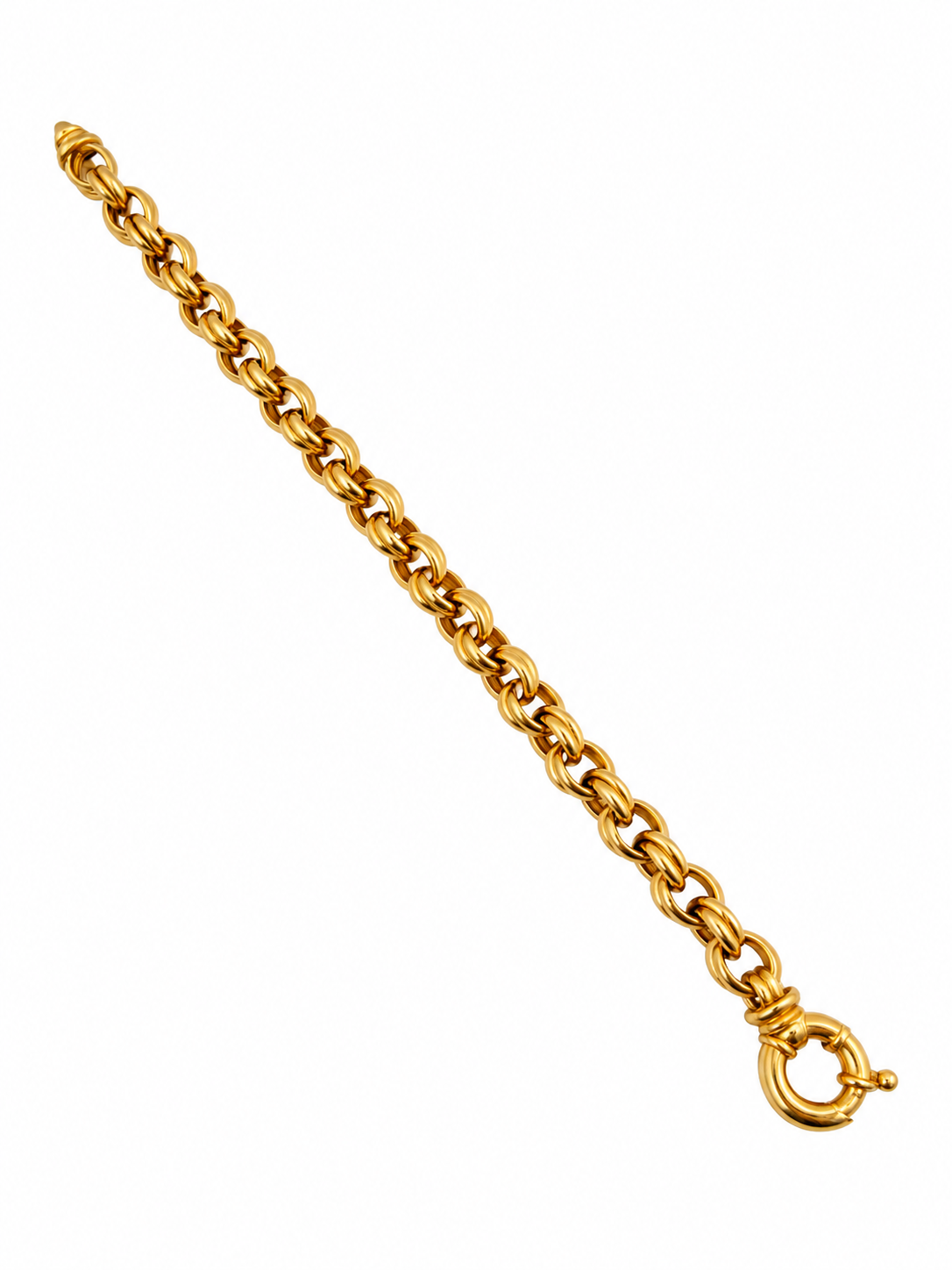 Bracelet souple en or jaune 18 carats à mailles doubles, vue déployée avec fermoir anneau ressort