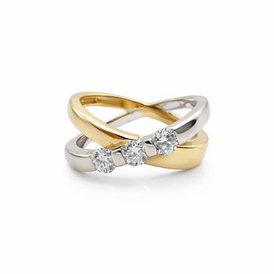Bague Bicolore en Or 18 Carats et Trois Diamants Naturels 0,60 ct