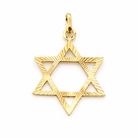 Pendentif Étoile de David en or jaune 18 carats, motif ajouré à six branches et finition striée, vue de face.