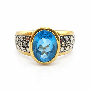 Bague Topaze Bleue et Diamants en Or Jaune 18 Carats – Élégance Intemporelle