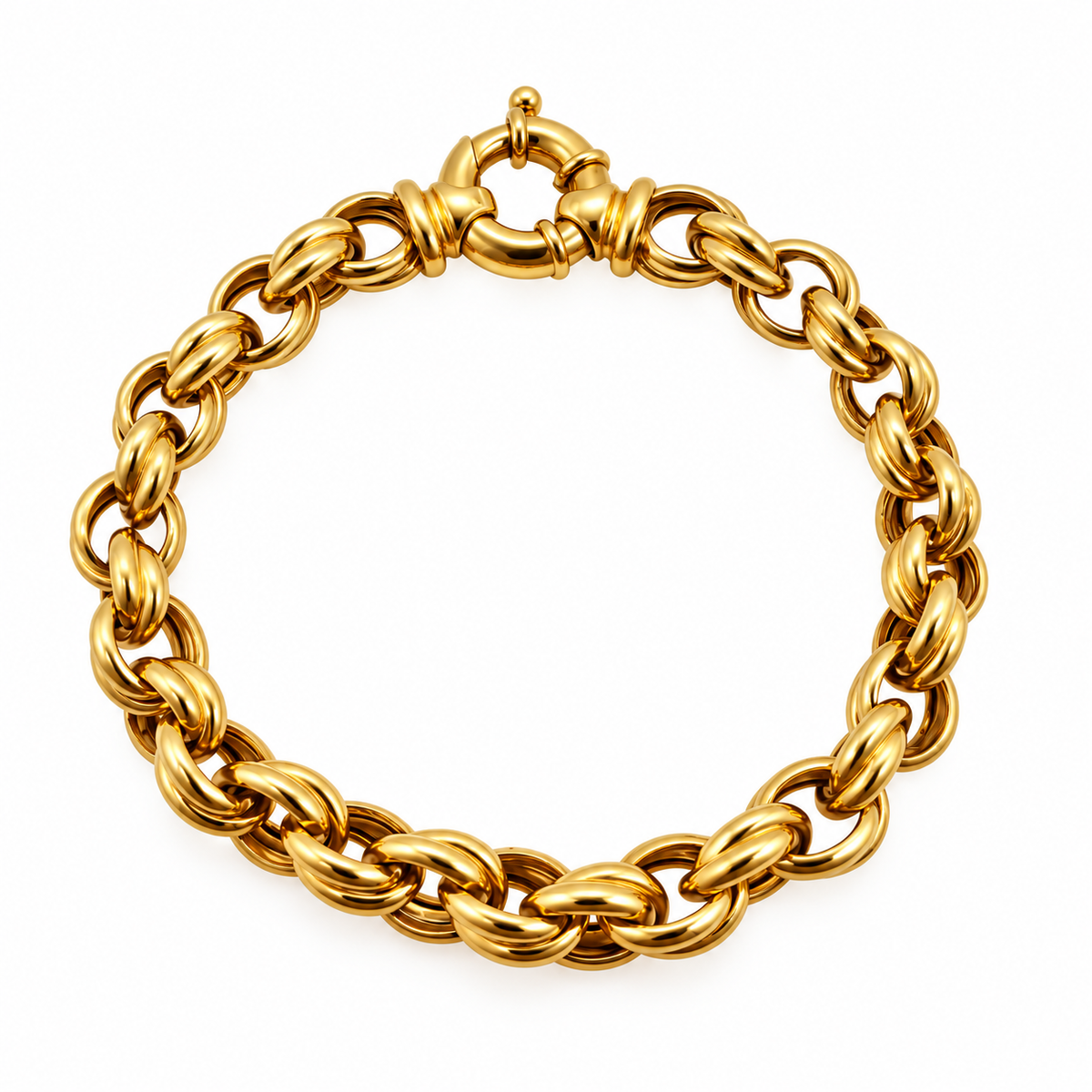 Bracelet en or jaune 750 à mailles doubles, vue circulaire montrant le fermoir