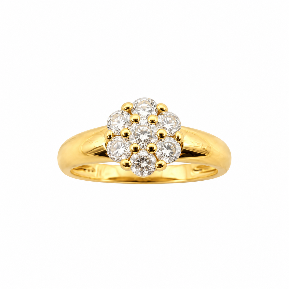 Détail du motif floral à sept diamants de la bague ancienne en or 18 carats