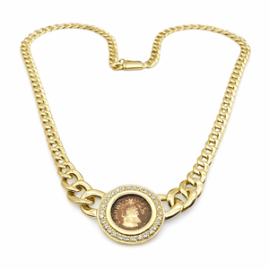 Collier gourmette en or jaune 18 carats diamants 0,60 ct et jeton ancien