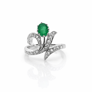 Bague Vintage Émeraude Ovale 0,55 ct & Diamants en Or Blanc 18 Carats