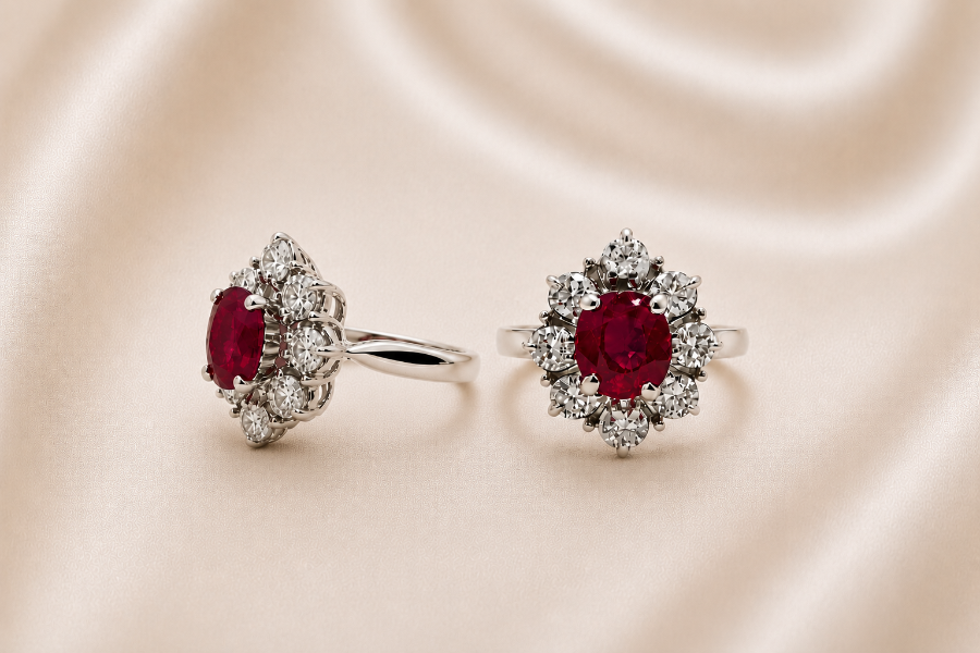 Bague marguerite ancienne en or blanc, ornée d'un rubis central entouré de diamants, vue de face et de profil.
