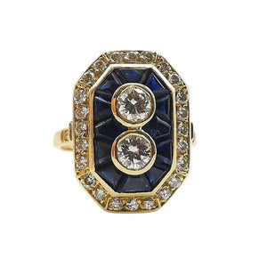 Antique 18K yellow gold ring, calibrated sapphires and diamonds