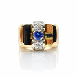 Vintage Tank Ring with Sapphire and Diamonds in 18K Yellow Gold