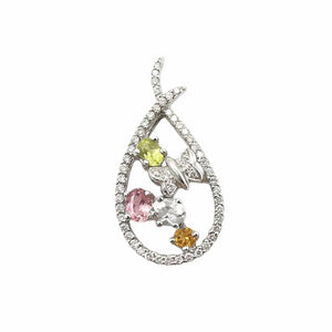 Pendentif Goutte or blanc 18K — Tourmalines, Péridot, Citrine & Diamants 1,0 ct G/VS — Pièce unique