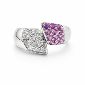 Bague Toi & Moi — Or blanc 18K, Saphirs roses & Diamants G/VS — Élégance bicolore — Pièce unique