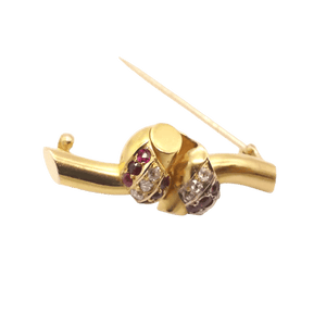 Broche Ancienne Or Jaune 18 Carats Diamants Taille Ancienne et Rubis