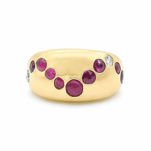 Bague Boule ancienne — Or jaune 18K, 12 Rubis cabochon 1,30 ct & Diamants — Poinçon hibou — Pièce unique