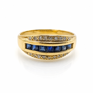 Bague Or Jaune 18k | 7 Saphirs Carrés & 18 Diamants Brillants | T.55 | Poinçon Hibou